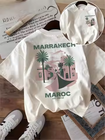 Marrakech Maroc T Shirt Funny Vintage Travel Morocco Graphic Desert Palm Harajuku 2026 Summer Men's 