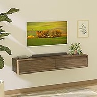 woodtalks Floating TV Console, 52'' Wall-Mounted Media Console with Sliding Doors, Floating TV Stand, Wall Cabinet, Under TV Entertainment Shelf and Storage for Bedroom Living Room, Walnut