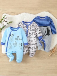 嬰兒男寶可愛簡約3件套印花組合,休閒家居服裝