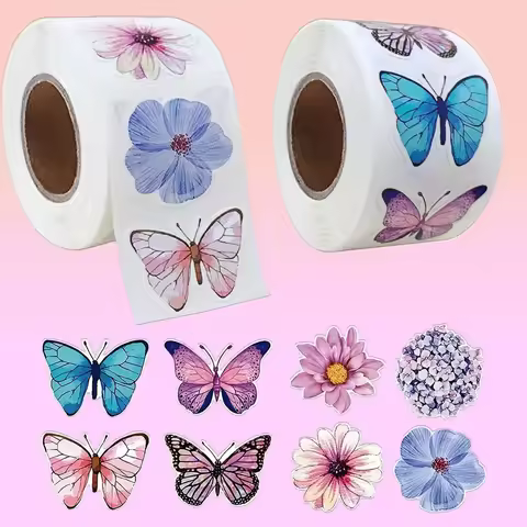 500Pcs/Roll Vivid Butterfly Flowers Stickers 2.5cm/1.0inch Diy Decals Decor Use to Adorn Gifts Noteb