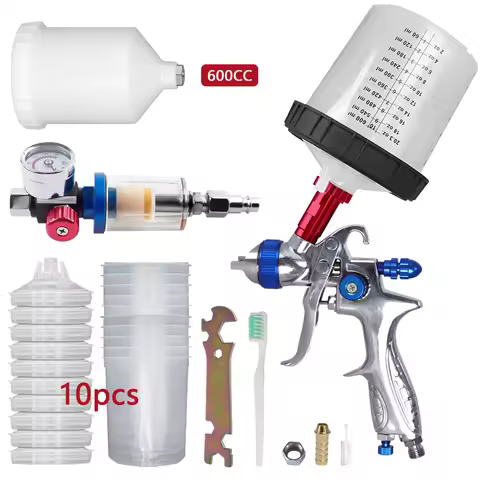 H887 Spray Gun Full Kit HVLP 1.4/1.7mm Car Paint Gun with Adaptor/Air Regulator/10PCS 600cc Paint Mi