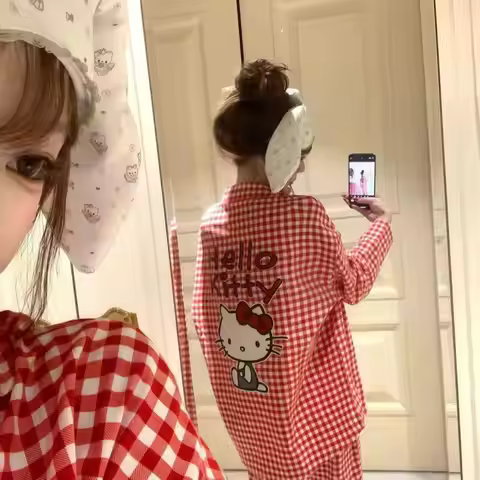 Sanrio New Cute Pajamas Hello Kitty Lattice Pajamas Girl Cartoon Spring and Autumn Style Long Sleeve