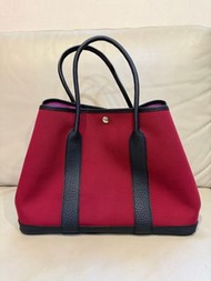 Hermes愛馬仕 寶石紅帆布拼泡泡糖粉 銀扣 B刻 花園36 garden party 手提包