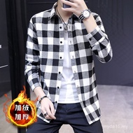 Kemeja Kotak-kotak Hitam dan Putih Lelaki Lengan Panjang Baju Luar Trendi Gaya Korea Baju Kotak-kota
