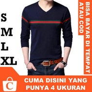 [ BISA COD ] S M L XL - Kaos Sweater Pria Cowok Laki Leher V Neck Korea Lengan Panjang Polos Dada Ga