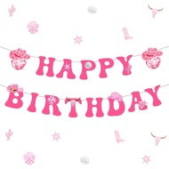 Disco Cowgirl Birthday Party Decorations Banner, Hot Pink Cowgirl Happy Birthday Banner for Western 