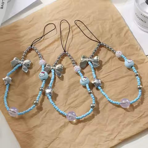iigen Sanrio Cute Blue Ball Hello Kitty Bowknot Beaded Mobile Phone Chain for iPhone Jewelry Accesso