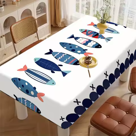 Bohemian Sardine Pattern Tablecloth, Polyester Table Cover with Colorful Fish Design Table Runner Mo