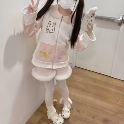 Otaku Culture Japanese Style Kawaii Slimming Splicing Loli Autumn Winter Plush Cute Print Bunny Loos
