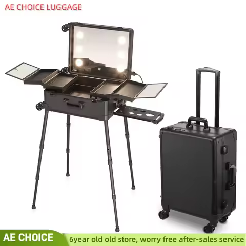 Travel folding cosmetic trolley case, professional makeup table with LED mirror,trolley cosmetic lug