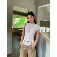 เสื้อยืดแขนสั้นผู้หญิง HRG Style ฤดูร้อน 2025 ใหม่ สีขาว ทรงเข้ารูป เส้นใยยืดหยุ่นผสมคอตตอนและไนลอน 