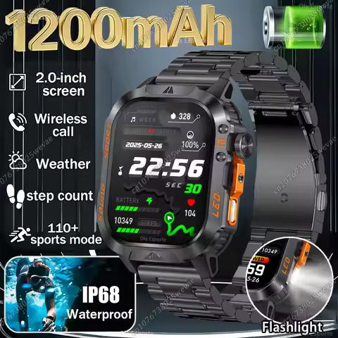 New 1200mAh Military Outdoor Smartwatch Men LED Flashlight Waterproof GPS Track Sports Watch 2.01-in
