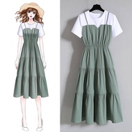 Korean Short Sleeve Dress Women Splicing Midi Dresses M-4XL