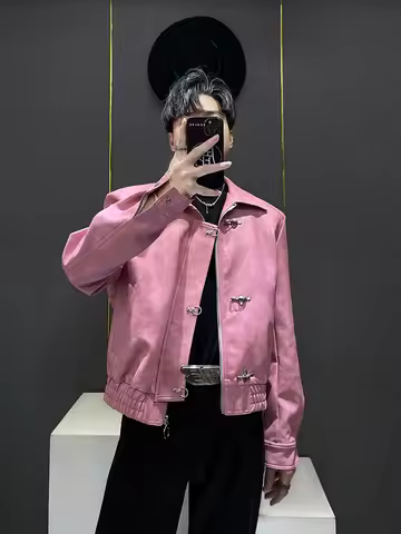 Fall Mens Pink Leather Jacket Vintage Aircraft Buckle Casual Style Polyester Cotton Blend Long Sleev