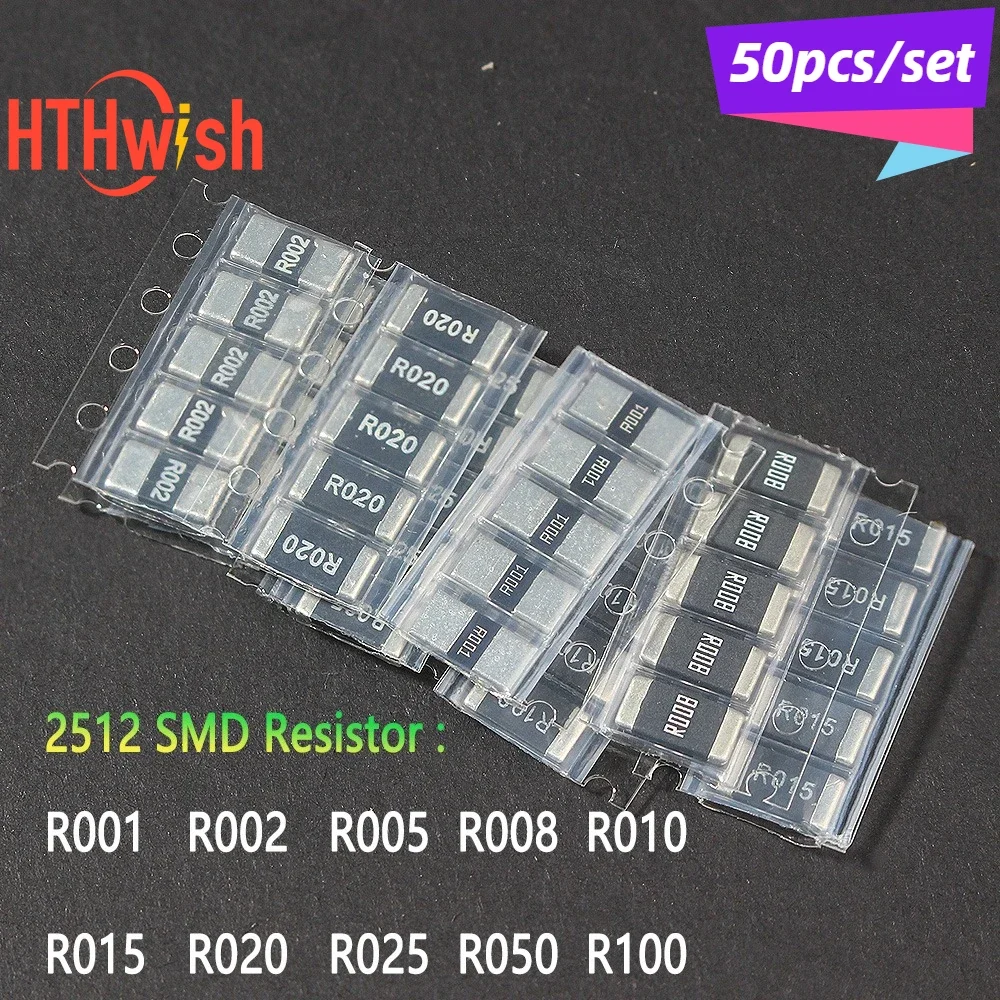 50PCS/lot  2512 SMD Resistor set 1% Alloy Resistance Assorted Kit R002 R005 R008 R010 R015 R020 R025