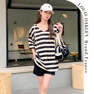 เสื้อยืดมีฮู้ดลายทางหลวมๆ สำหรับคุณแม่ LOUIS OAKLEY แฟชั่นฤดูร้อน เสื้อเชิ้ตแขนสั้นผ้าฝ้ายแท้สำหรับใ