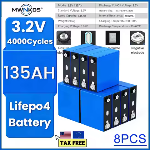 8pcs - New A-Grade 3.2V 135Ah Lithium Iron Phosphate Rechargeable Battery DIY 12V Solar Yacht Home I