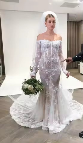 Mermaid Beach Wedding Dresses with Long Sleeve 2022 Full Lace Off Shoulder Hailey Bieber Summer Holi