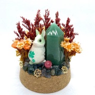 兔子與綠東陵柱/紅紋石珠-水晶公仔乾燥花擺設