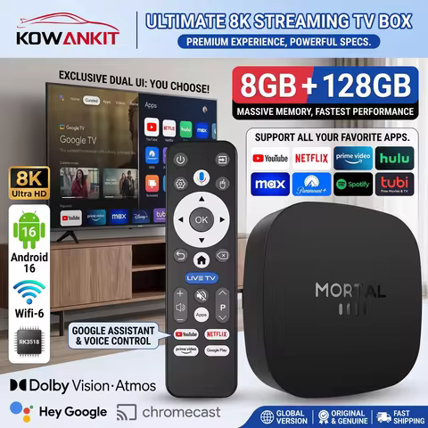 2026 8K HD Smart TV Box Kowankit New T1 Plus Android 16 8GB RAM 128GB ROM RK3518 Dual Wifi 2.4G/5.8G