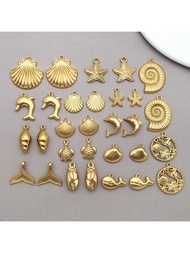 2pcs Stainless Steel Sea Animal Charm Golden 0cean Starfish Shell Dolphin Turtle Charm Summer Beach 