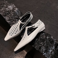 Pointed Woven Hollow T-Strap Mary Jane Sandals