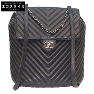 香奈兒25號黑色羊皮銀色五金V型縫線人字紋雙肩包