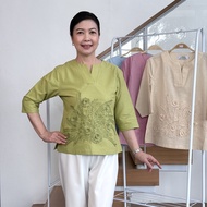 เสื้อลินินแต่งลูกไม้ผ้า ผู้ใหญ่ อก 38" 40" 42" 44" 46 48 50 อินกะออย In Ka Oil สีกลีบบัว/ฟ้า/เขียว/ค