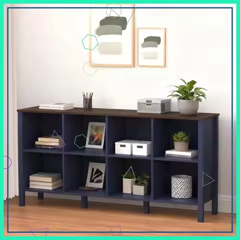 8-Cube Wooden Bookshelf, Navy Blue Farmhouse Storage Organizer with Legs, 59" Console for Living Roo