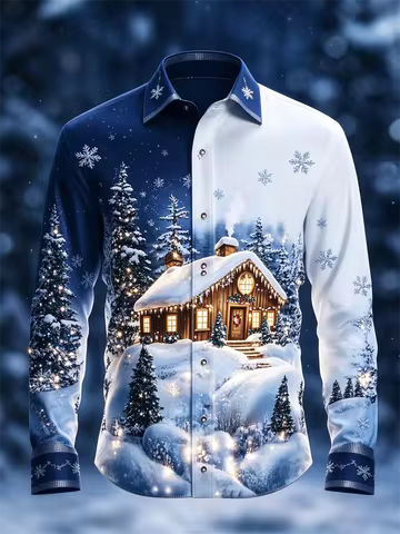 New men's blue and white Christmas long sleeved shirt, forest hut pine tree snowflake print lapel ho