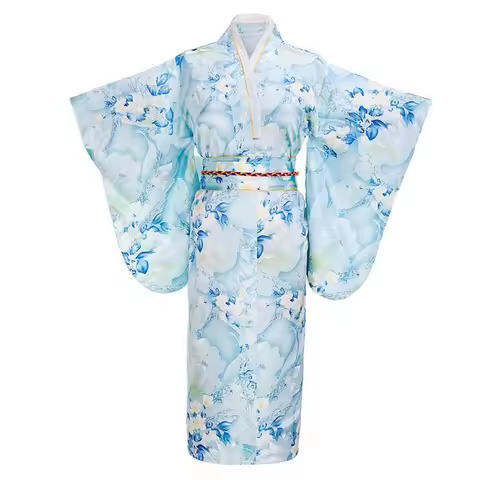 Light blue Fashion Japanese Women Tradition Yukata Silk Rayon Kimono With Obi Flower Vintage Cosplay