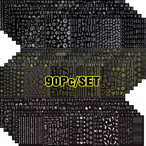 90pcs Gold Silver Moon Sun Star Nail Sticker 3D Cute Bow Heart French Lines Nails Decals 6*6cm Self-