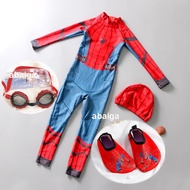 One Piece Kids Long Sleeves Cartoon Sunscreen Swimsuit Spider Man Swimming Suit+Cap Children Jumpsui