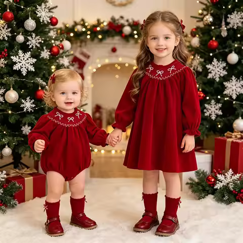 Christmas Girl's Clothing Sisters Outfit Red Long Sleeve A-Line Dress & Baby Romper Girls Autumn for