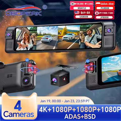 OBDPEAK 4CH 11 Inch 4K+1K+1K+1K Rearview Mirror Dash Cam With ADAS BSD WiFi Night Vision 24H Parking