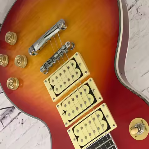 Cherry Sunburst Colour LP00S Single Cutaway Electric Guitar Triple Humbucker Fixed Bridge Rock Music