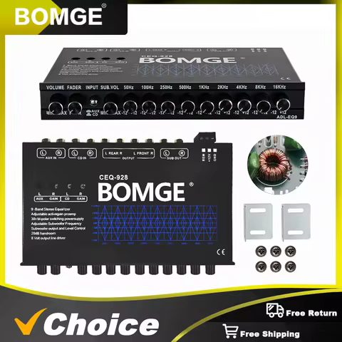 BOMGE 9-Band Car Audio Equalizer, W/Front, Rear + Sub Output, 8V RMS Line Driver Adjustable Audio Ou