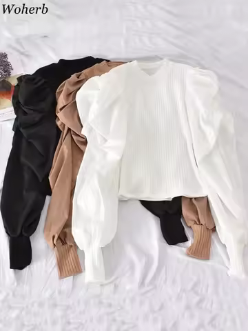 Woherb 9 Colors Solid Puff Long Sleeve Blouse Women Tops Shirt Office Lady Spring Summer O-Neck Eleg