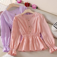 Flared Sleeve Candy color Elegant Ruffle Elastic Waist Blouse Women Top Women Blouse Long-sleeved