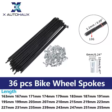 X autohaux Bicycle Spokes Bike Wheel Spokes With Nipples 13G Length 163mm-255mm Black Durable Bicycl