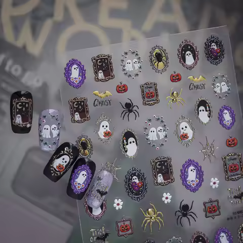Embossed Ghost Pumpkin Nail Decals 5D Cute Phantom Jack-o-lantern Spider Bat Vintage Frame Trick or 
