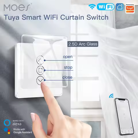WiFi Smart 2.5D Arc Glass Touch Panel Curtain Switch for Roller Blinds Shutters APP Remote Control W