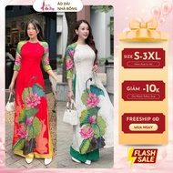 Wood Grain Brocade Ao Dai with 3D Lotus Print AD010 Bong House - Traditional Bigsize S-3XL