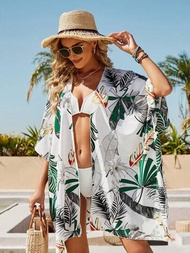 女士熱帶植物印花波西米亞風長袍,海灘遮陽衣,適用於夏季度假