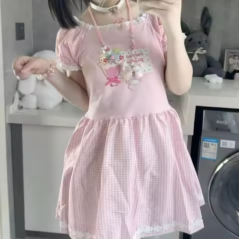 Pink Sweet Lolita Style Lolita Style Dress Women Cute Ice Cream Embroidery Kawaii Party Mini Dress K