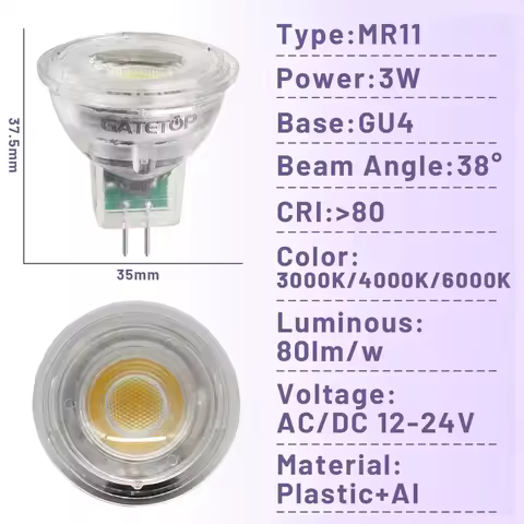 10PCS Spotlight MR11 Base GU4 AC/DC 12V-24V 3W High Light 3000K 4000K 6000K Suitable for kitchen den