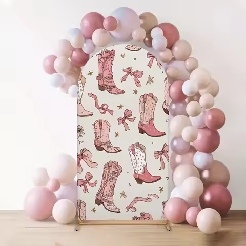 VIKAMA Pink Cowboy Boot Arch Backdrop Bow Star Print Outdoor Garden Arch Cover Western Cowgirl Theme