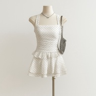 Cicishop(SET3402) Set 2 ชิ้น ลูกไม้ เสื้อเกาะอกดีเทลคล้องคอผูกโบว์หลัง กระโปรงมีซิปข้าง สม็อคหลัง มี