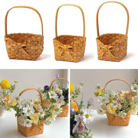 Willow Rattan Bride Flower Basket Hand-Woven Picnic Container Flower Arrangement Basket with Handle 