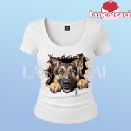 LANCAICAI Happy Alsatian Puppy T-shirt Burst-Through Crack Effect Form-Fitting U-Neck Streetwear